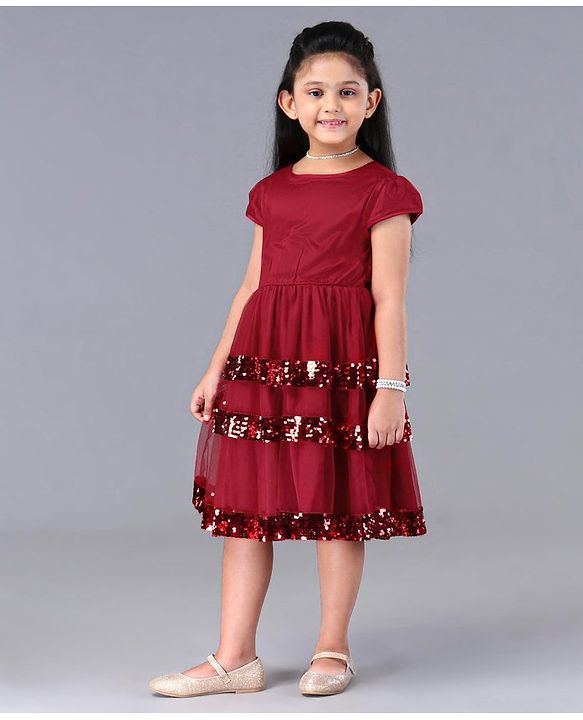 Pine Kids Cap Sleeves Frock With Cotton Lining Sequin Detailing - Red