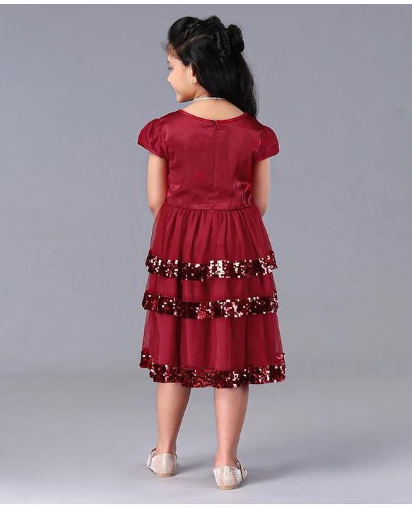 Pine Kids Cap Sleeves Frock With Cotton Lining Sequin Detailing - Red
