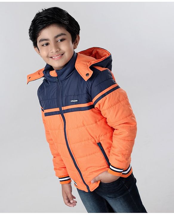 Pine Kids Full Sleeves Padded Medium Winter Hoodie Jacket Color Block - Orange