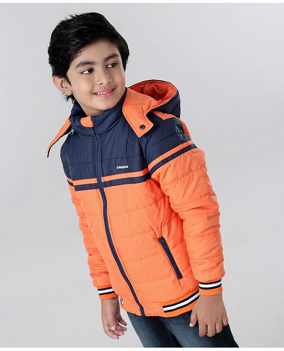 Pine Kids Full Sleeves Padded Medium Winter Hoodie Jacket Color Block - Orange