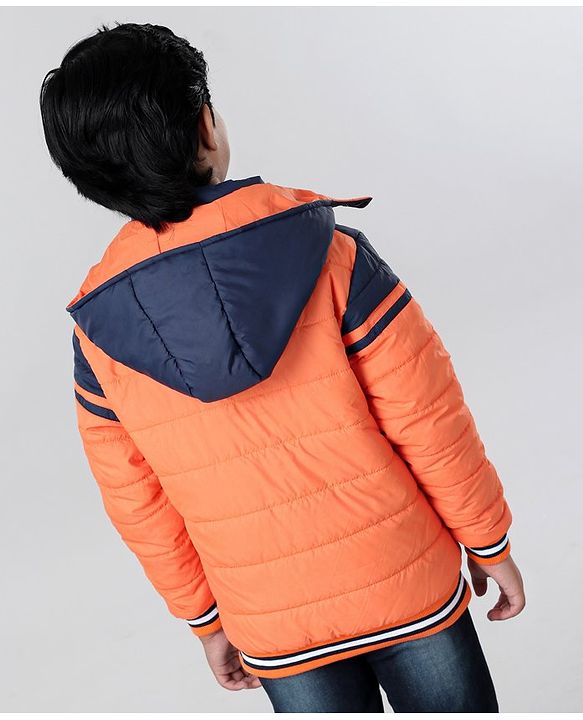 Pine Kids Full Sleeves Padded Medium Winter Hoodie Jacket Color Block - Orange