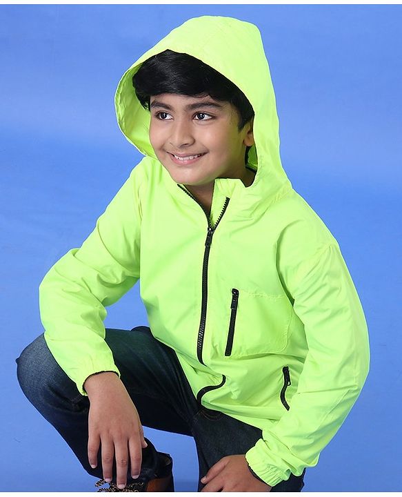 Pine Kids Full Sleeve Jacket with Hoodie Water Repellent Light Winter Solid - Neon Green