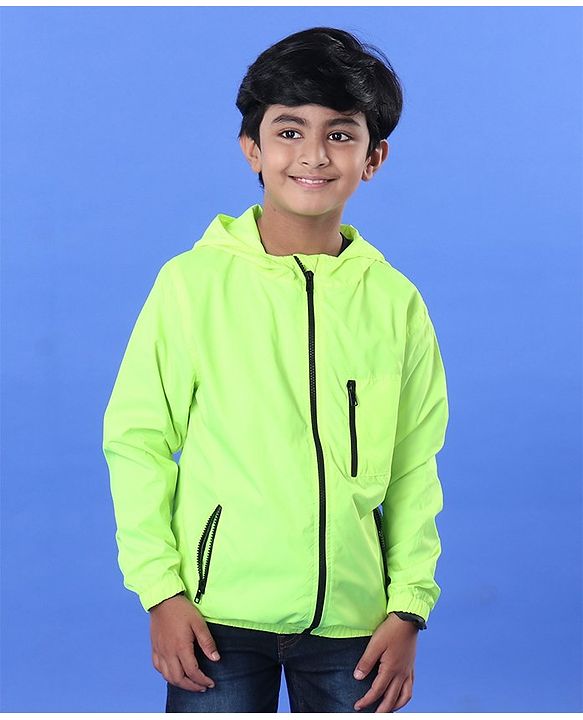 Pine Kids Full Sleeve Jacket with Hoodie Water Repellent Light Winter Solid - Neon Green