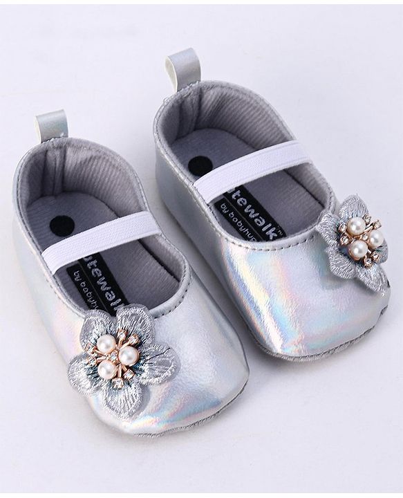 Cute Walk by Babyhug Party Wear Booties Floral Appliques - Silver