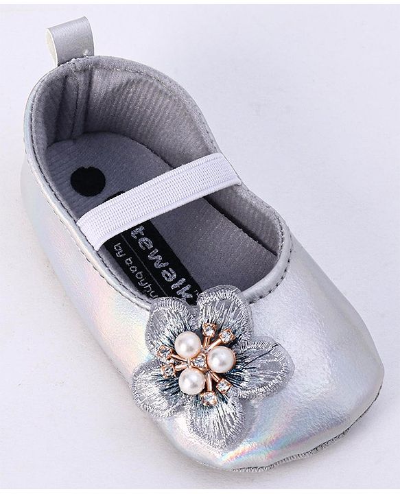 Cute Walk by Babyhug Party Wear Booties Floral Appliques - Silver