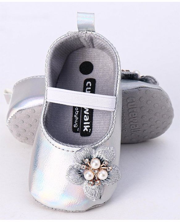 Cute Walk by Babyhug Party Wear Booties Floral Appliques - Silver