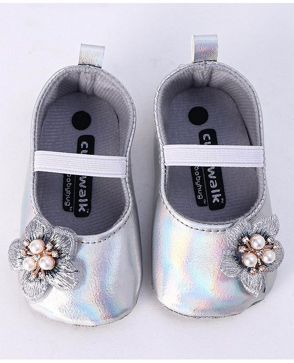 Cute Walk by Babyhug Party Wear Booties Floral Appliques - Silver