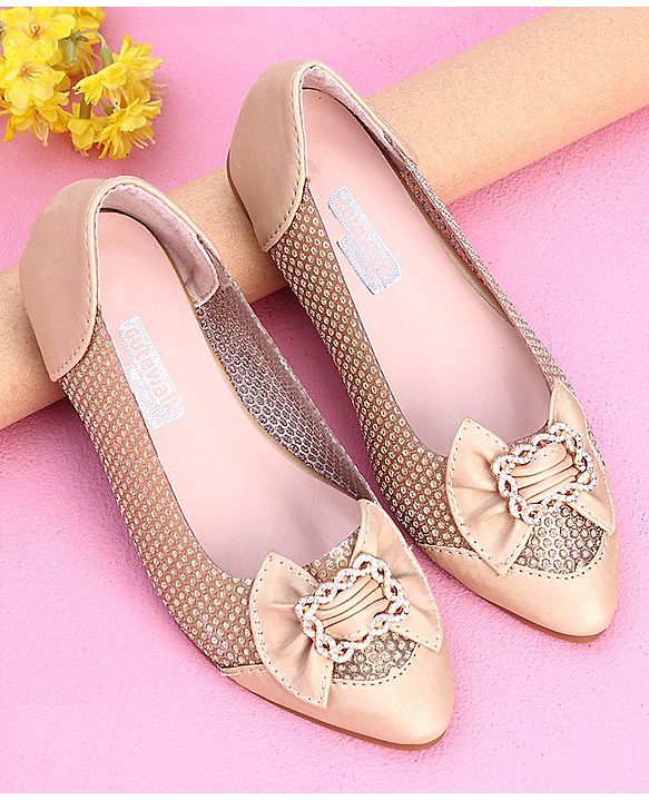Cute Walk by Babyhug Party Wear Belly Shoes Bow Applique - Golden
