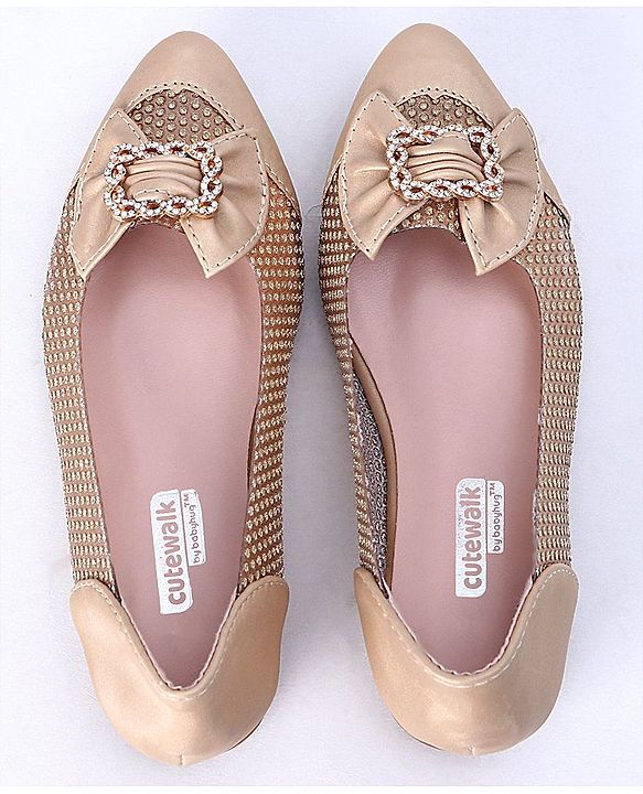 Cute Walk by Babyhug Party Wear Belly Shoes Bow Applique - Golden