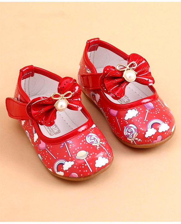 Cute Walk by Babyhug Party Wear Belly Shoes Bow Applique - Red