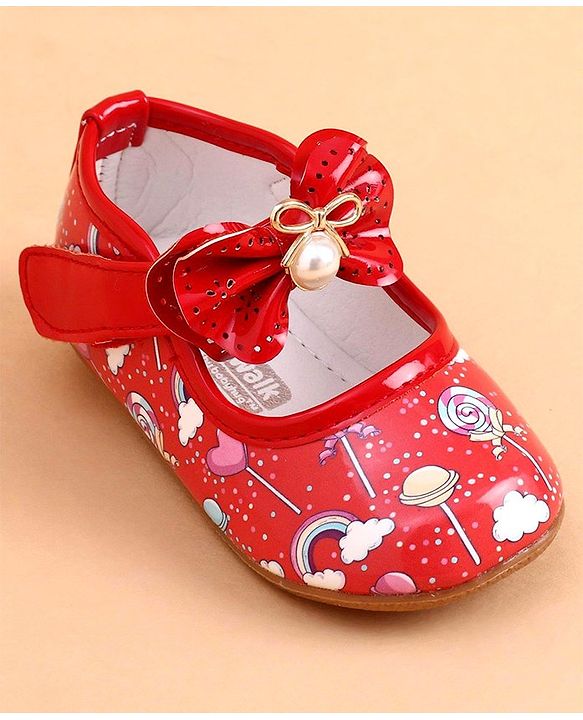 Cute Walk by Babyhug Party Wear Belly Shoes Bow Applique - Red