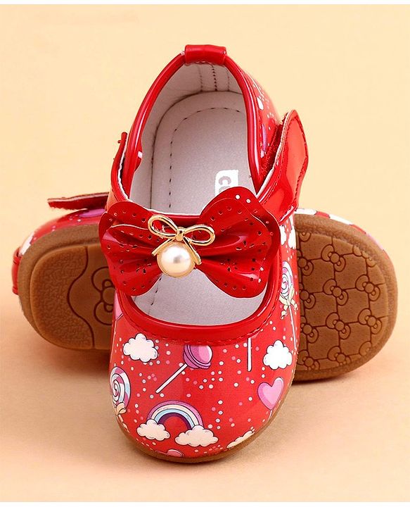 Cute Walk by Babyhug Party Wear Belly Shoes Bow Applique - Red