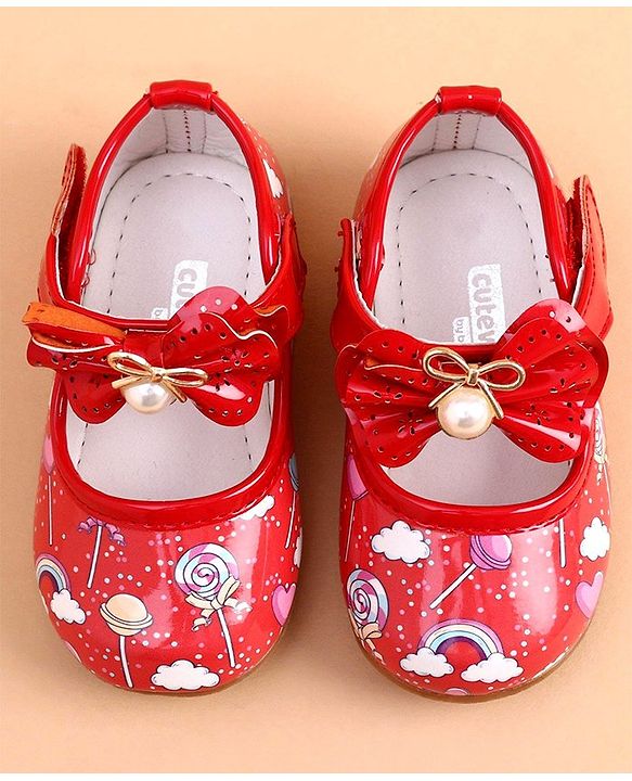 Cute Walk by Babyhug Party Wear Belly Shoes Bow Applique - Red