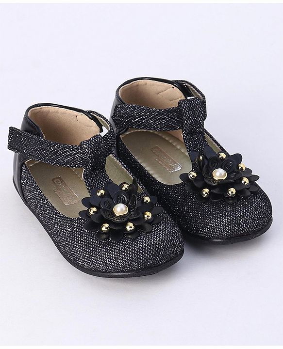 Cute Walk by Babyhug Party Wear Belly Shoes Floral Appliques - Black