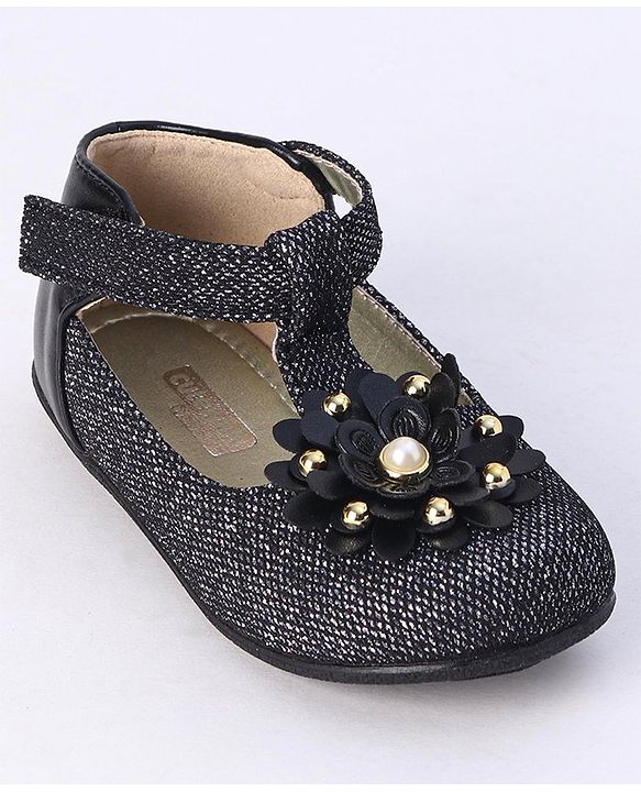 Cute Walk by Babyhug Party Wear Belly Shoes Floral Appliques - Black