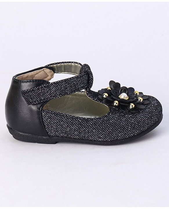 Cute Walk by Babyhug Party Wear Belly Shoes Floral Appliques - Black
