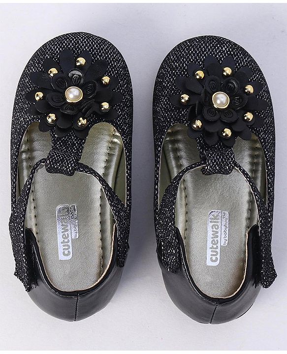 Cute Walk by Babyhug Party Wear Belly Shoes Floral Appliques - Black