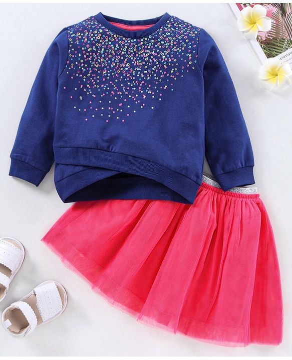 Babyhug Full Sleeves Printed Top & Skirt - Navy Blue Pink