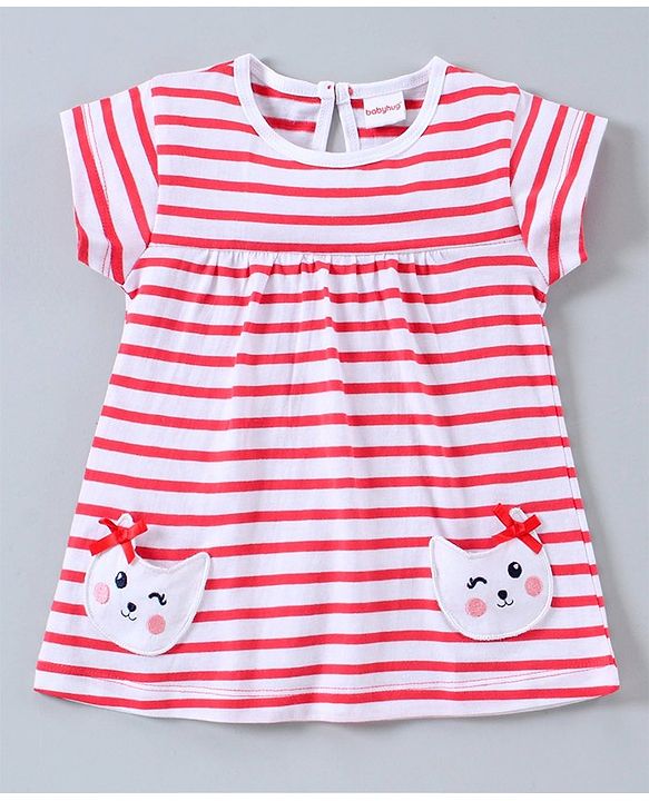 Babyhug Half Sleeves Top & Leggings Striped With Kitty Design - Red