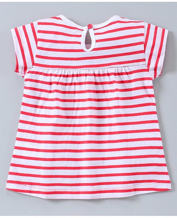Babyhug Half Sleeves Top & Leggings Striped With Kitty Design - Red