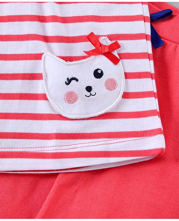 Babyhug Half Sleeves Top & Leggings Striped With Kitty Design - Red