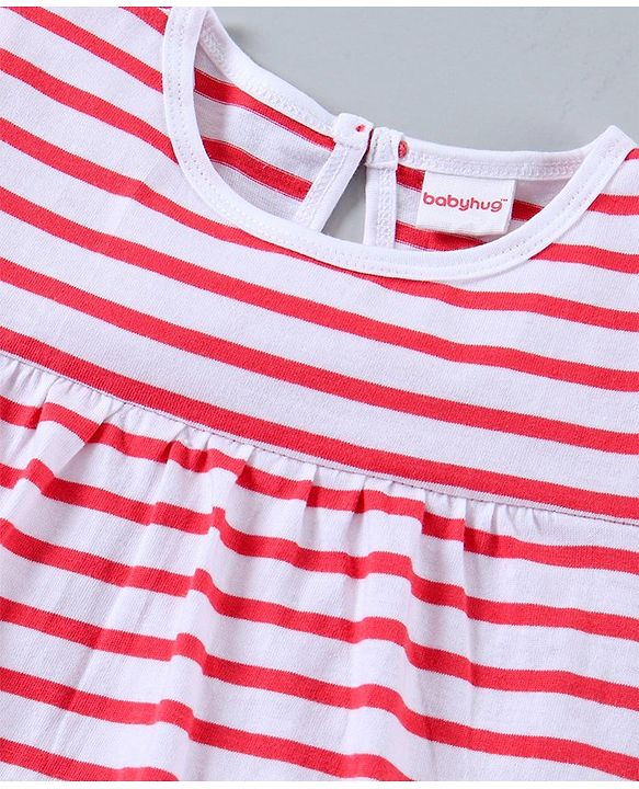 Babyhug Half Sleeves Top & Leggings Striped With Kitty Design - Red