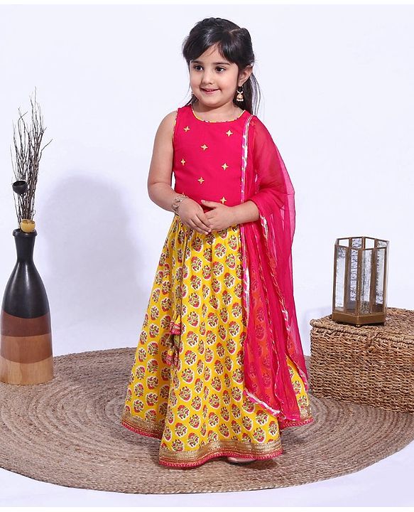 Babyhug Sleeveless Embroidered Choli and Lace Border Ghagra with Net Dupatta - Pink Yellow