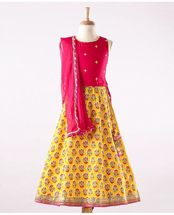 Babyhug Sleeveless Embroidered Choli and Lace Border Ghagra with Net Dupatta - Pink Yellow