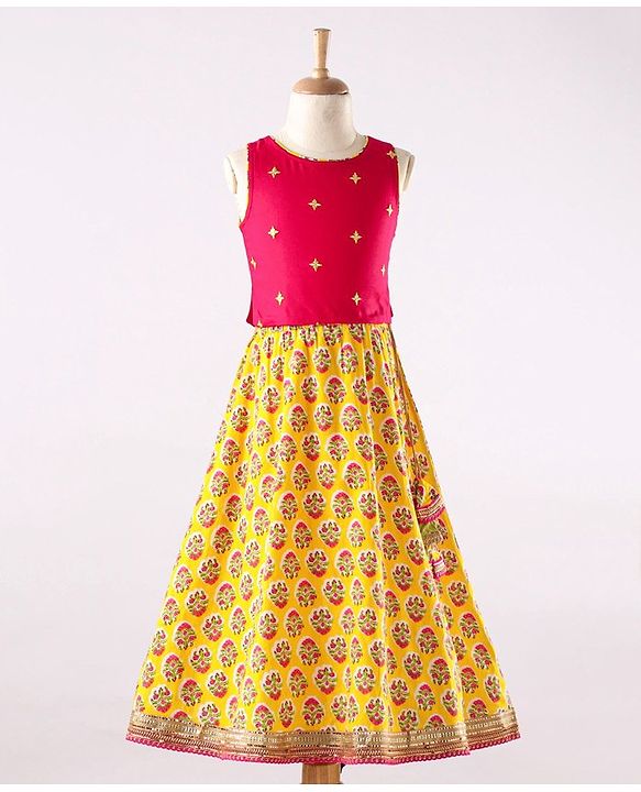 Babyhug Sleeveless Embroidered Choli and Lace Border Ghagra with Net Dupatta - Pink Yellow