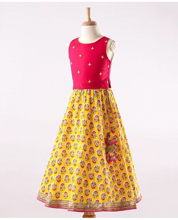 Babyhug Sleeveless Embroidered Choli and Lace Border Ghagra with Net Dupatta - Pink Yellow