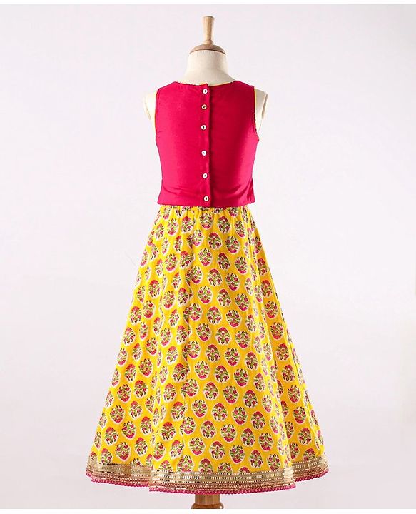 Babyhug Sleeveless Embroidered Choli and Lace Border Ghagra with Net Dupatta - Pink Yellow