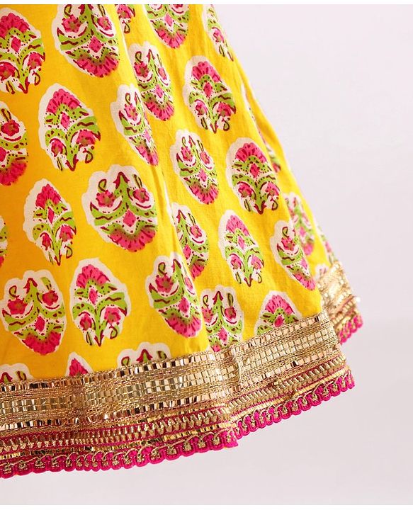 Babyhug Sleeveless Embroidered Choli and Lace Border Ghagra with Net Dupatta - Pink Yellow