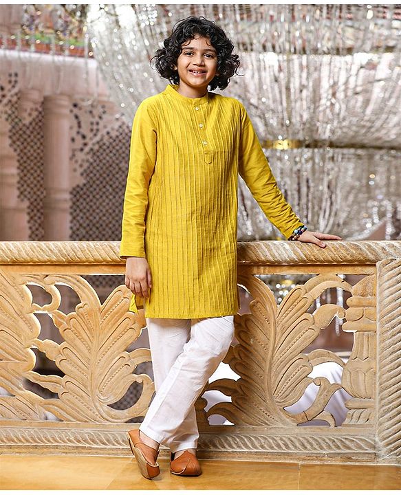 Pine Kids Full Sleeves Pintuck Kurta & Pyjama - Mustard