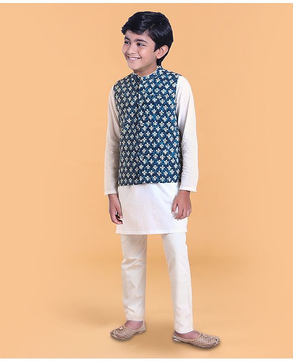 Pine Kids Full Sleeves Solid Kurta & Pyjama with Buti Printed Bandi - White Indigo