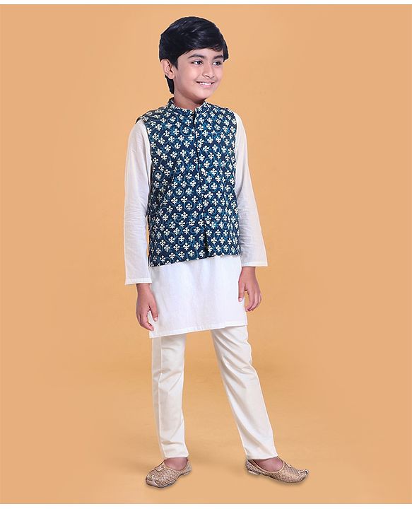 Pine Kids Full Sleeves Solid Kurta & Pyjama with Buti Printed Bandi - White Indigo