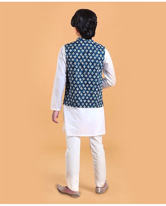 Pine Kids Full Sleeves Solid Kurta & Pyjama with Buti Printed Bandi - White Indigo