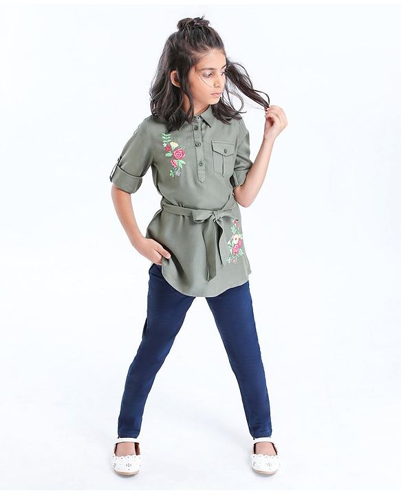 Pine Kids Premium Full Sleeves Shirt Dress with Jegging Floral Embroidery - Olive Green Blue