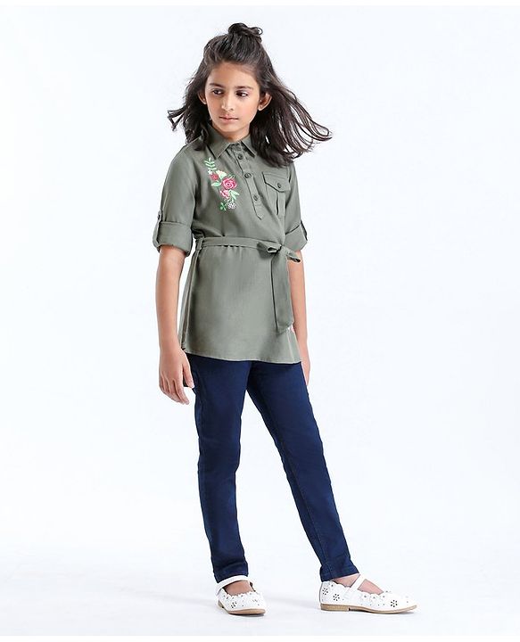 Pine Kids Premium Full Sleeves Shirt Dress with Jegging Floral Embroidery - Olive Green Blue