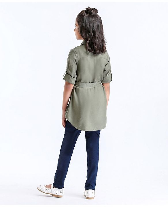 Pine Kids Premium Full Sleeves Shirt Dress with Jegging Floral Embroidery - Olive Green Blue
