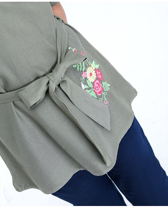 Pine Kids Premium Full Sleeves Shirt Dress with Jegging Floral Embroidery - Olive Green Blue