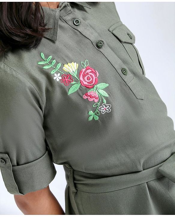 Pine Kids Premium Full Sleeves Shirt Dress with Jegging Floral Embroidery - Olive Green Blue