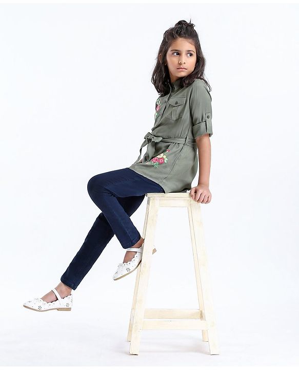 Pine Kids Premium Full Sleeves Shirt Dress with Jegging Floral Embroidery - Olive Green Blue