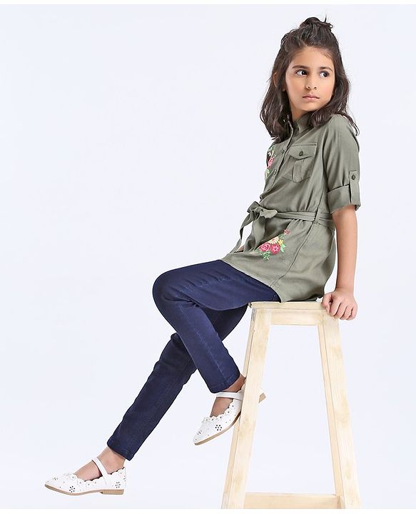 Pine Kids Premium Full Sleeves Shirt Dress with Jegging Floral Embroidery - Olive Green Blue