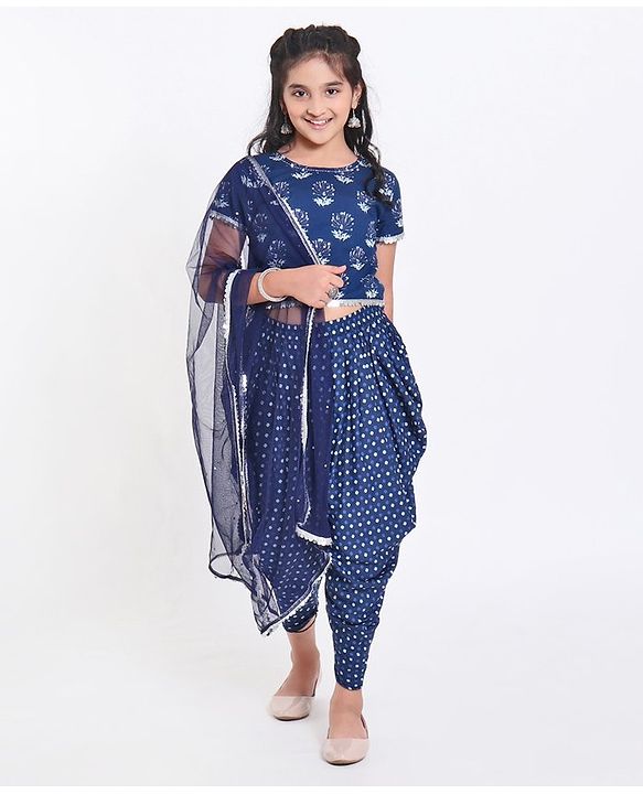 Pine Kids Short Sleeve Printed Choli & Dhoti Pant with Dupatta Set Floral and Dotted Print - Indigo