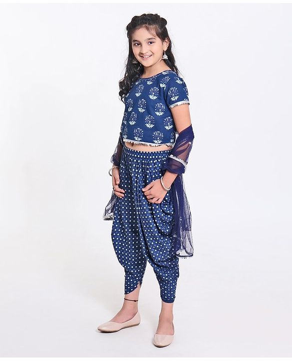 Pine Kids Short Sleeve Printed Choli & Dhoti Pant with Dupatta Set Floral and Dotted Print - Indigo