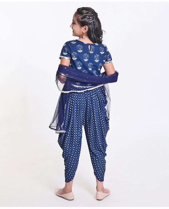 Pine Kids Short Sleeve Printed Choli & Dhoti Pant with Dupatta Set Floral and Dotted Print - Indigo