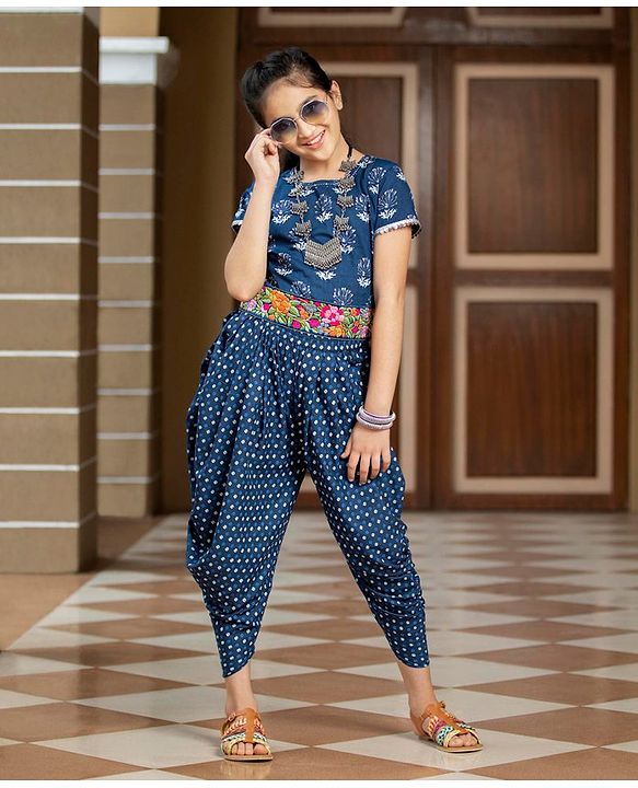 Pine Kids Short Sleeve Printed Choli & Dhoti Pant with Dupatta Set Floral and Dotted Print - Indigo