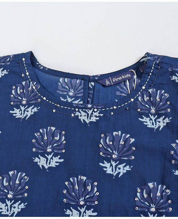 Pine Kids Short Sleeve Printed Choli & Dhoti Pant with Dupatta Set Floral and Dotted Print - Indigo