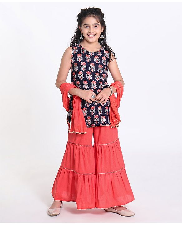 Pine Kids Printed Kurti with Sharara & Cotton Crushed Dupatta - Blue Pink