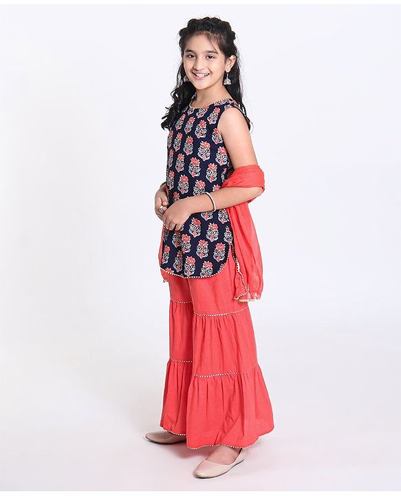 Pine Kids Printed Kurti with Sharara & Cotton Crushed Dupatta - Blue Pink